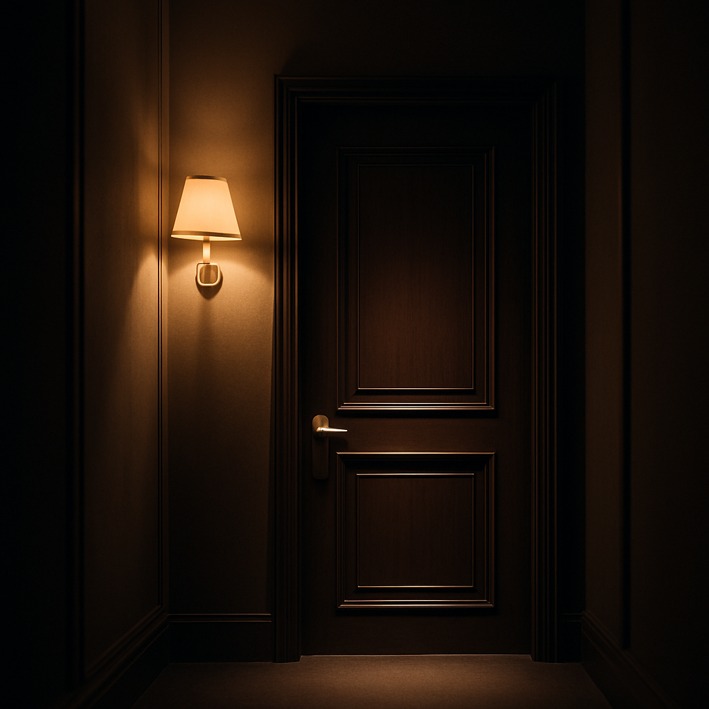 An unmarked luxury suite door at the end of a quiet, warmly lit corridor