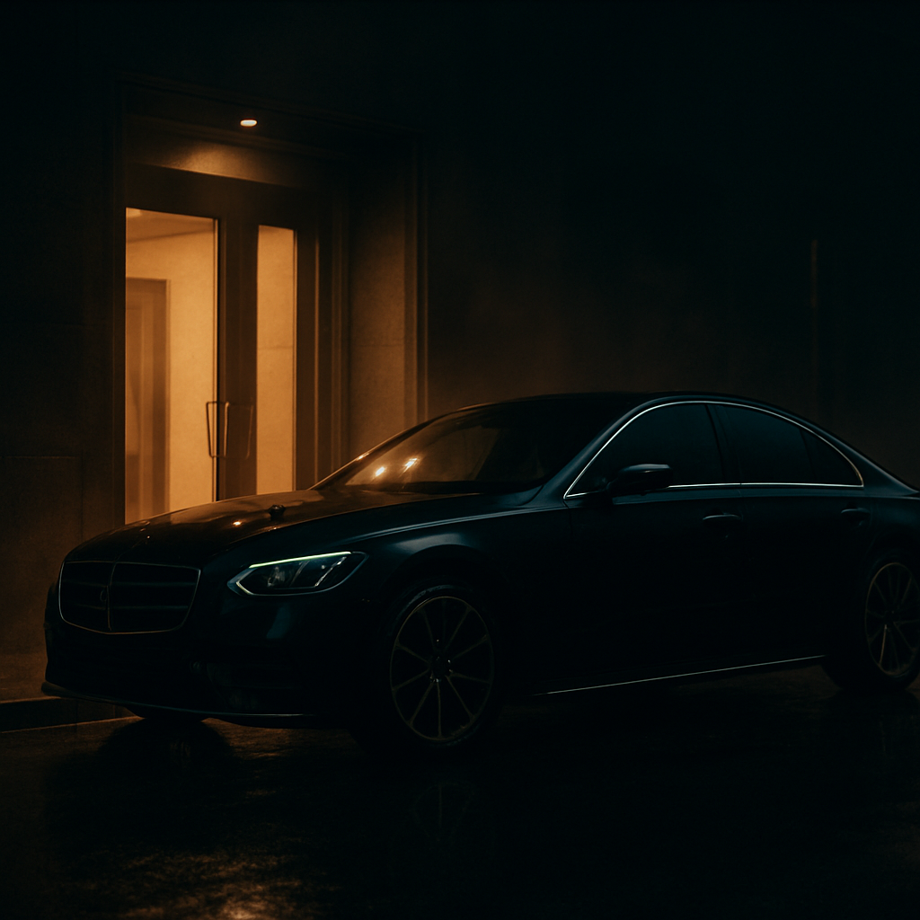 A car waiting at a discreet entrance at night